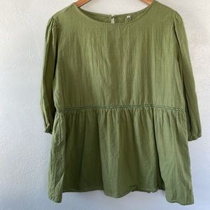 100% Cotton Bohemian Flowy 3/4 Sleeve Green Peasant Top Women's Size Large‎